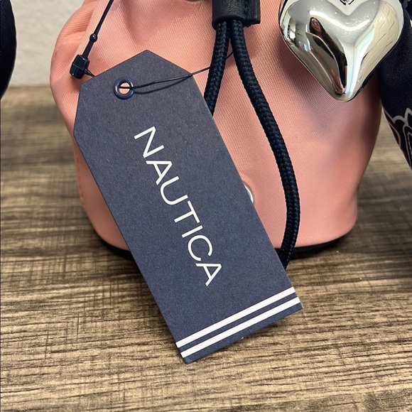 Nautica | Pink Bucket Drawstring Wristlet Bag w/ Navy Mini Bandana/Heart Charm - Picture 2 of 10